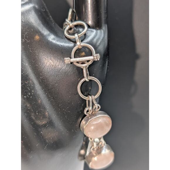 Vintage 925 Sterling Silver Rose Quartz Toggle Clasp Bracelet - Picture 7 of 12
